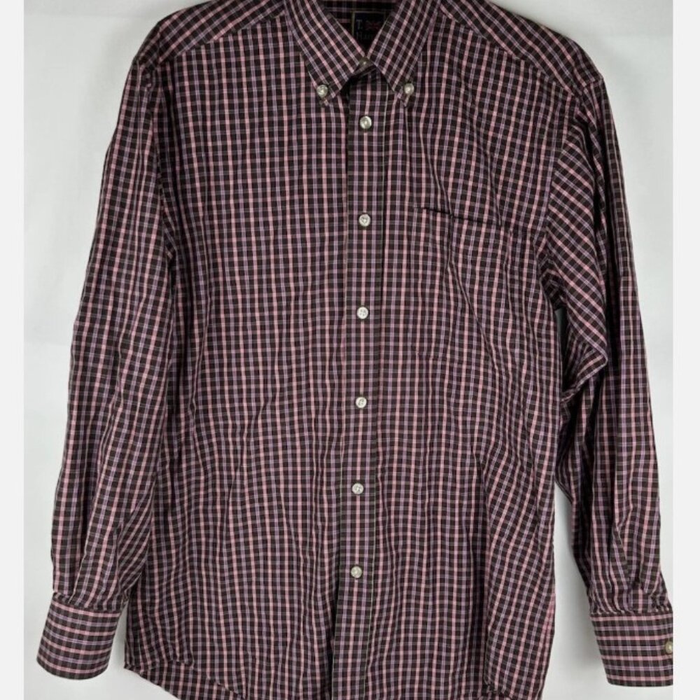 T Harris London Brown Pink Purple Plaid Shirt Mens M Button Front Long Sleeve
